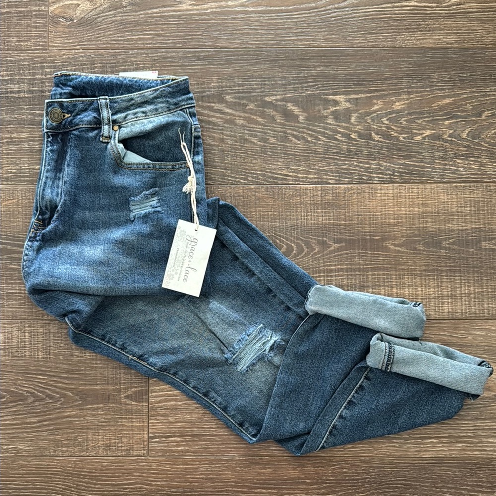 **DONATED** 
Grace & Lace Blue Boyfriend Jeans Distressed Cuffed